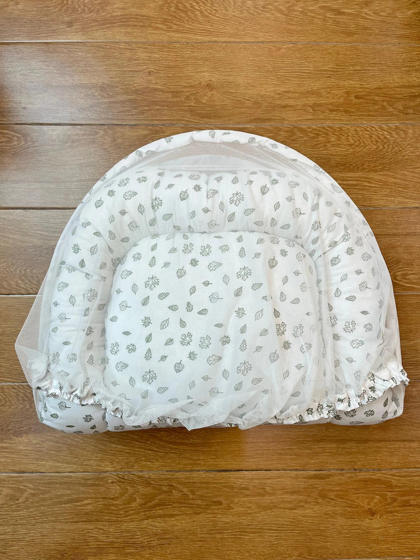 Baby Net Bed with FREE Pillow – (0–2 Year) | Green Leaves on White print Little Flower