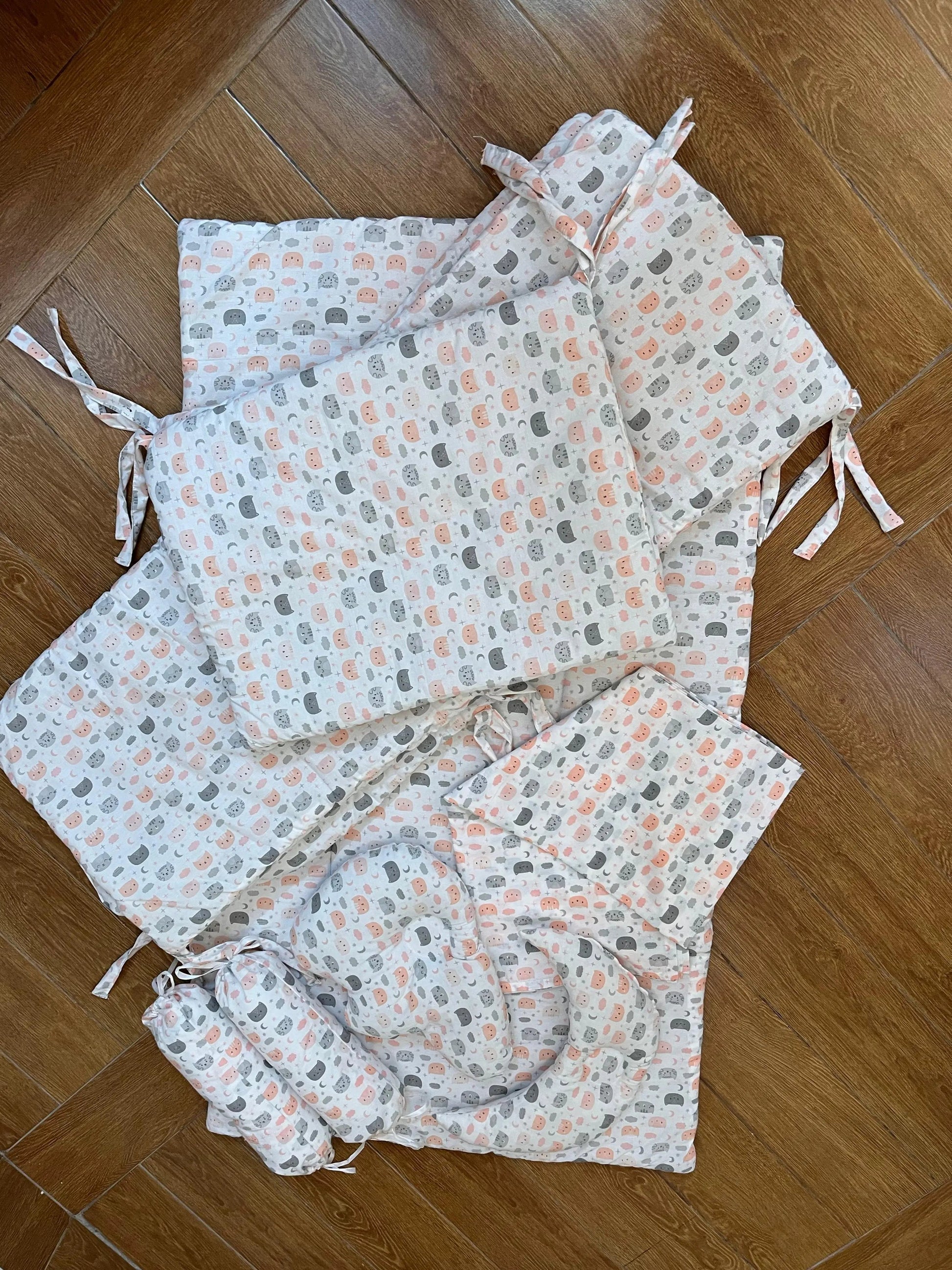 Baby Cot Bedding Set – 10-Piece Soft Cotton Set with pink and grey Cats on white Theme (0–3 Years) Little Flower