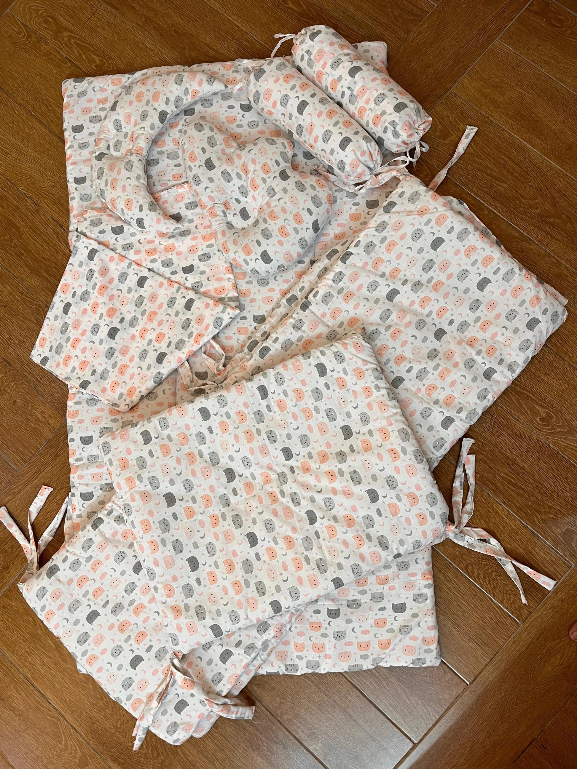 Baby Cot Bedding Set – 10-Piece Soft Cotton Set with pink and grey Cats on white Theme (0–3 Years) Little Flower