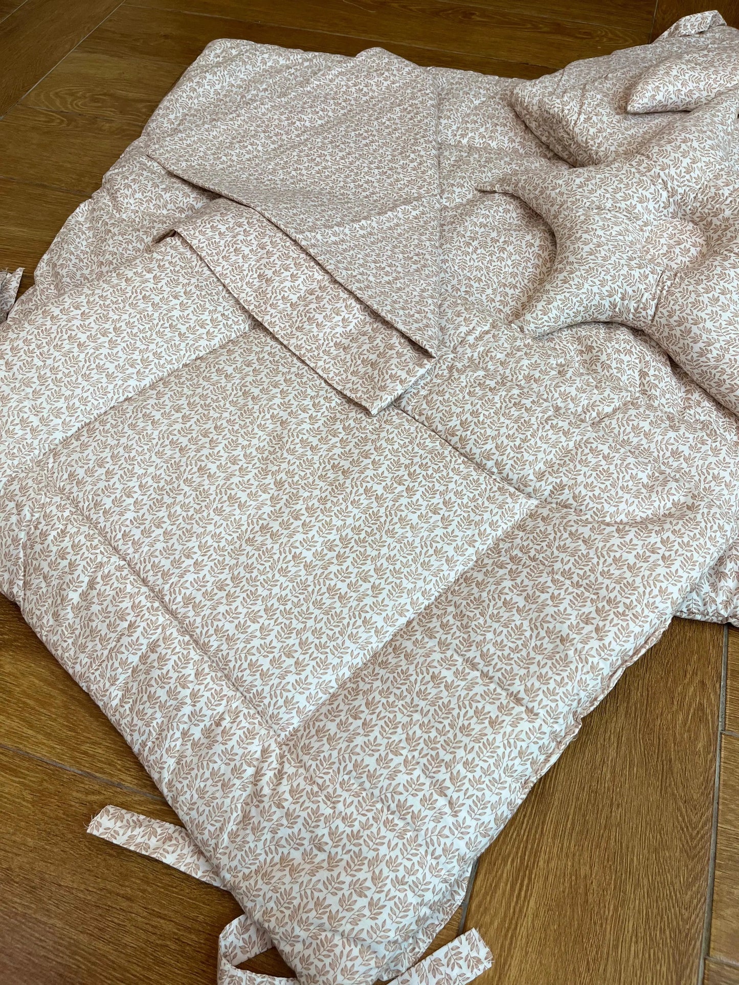 Baby Cot Bedding Set – 9Pc on Soft Cotton fabric with Brown leaves on white Theme (0–3 Years) Little Flower