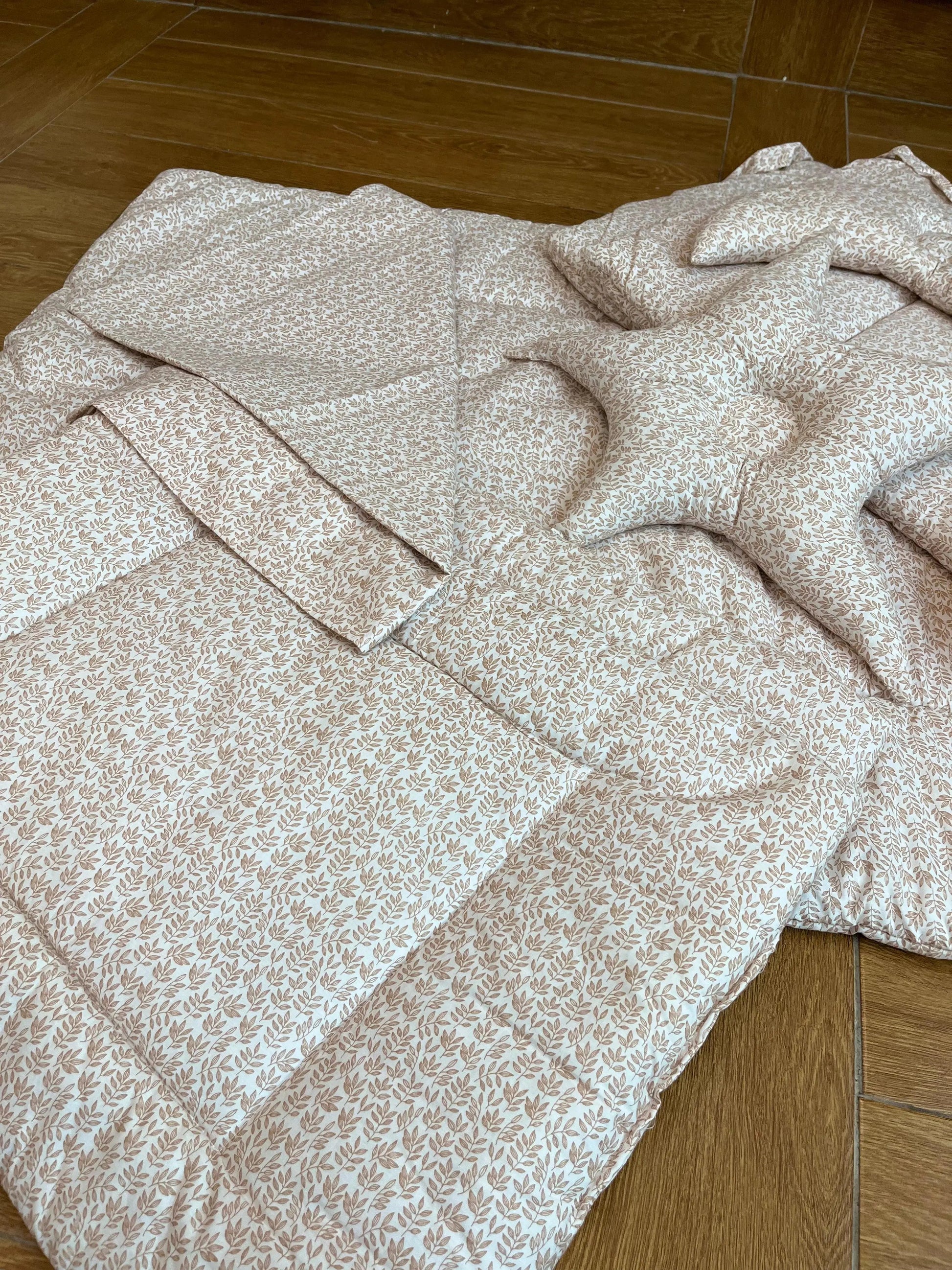 Baby Cot Bedding Set – 9Pc on Soft Cotton fabric with Brown leaves on white Theme (0–3 Years) Little Flower