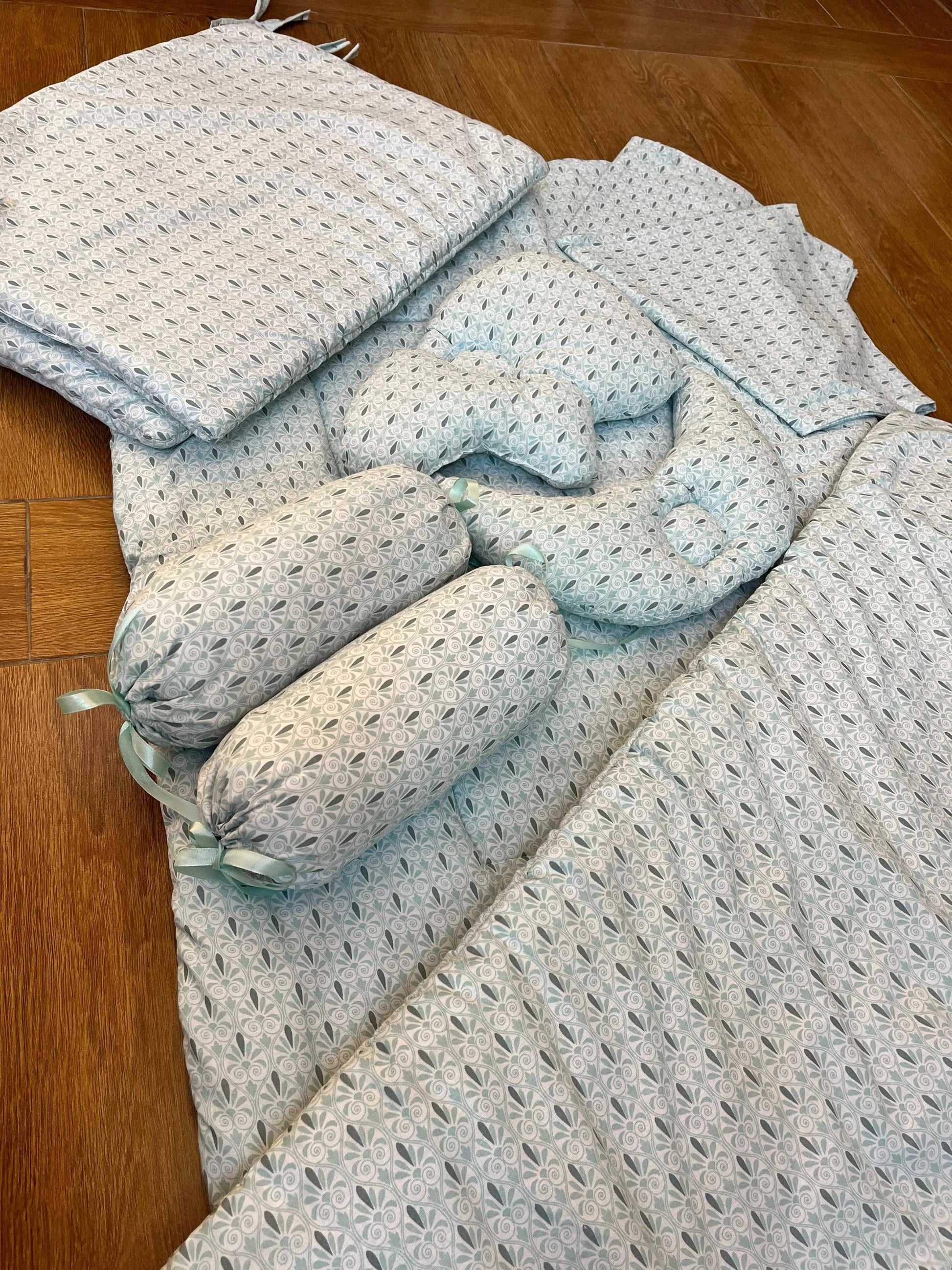 Baby Cot Bedding Set – 10-Piece Soft Cotton Set with Blue print (0–3 Years) Little Flower