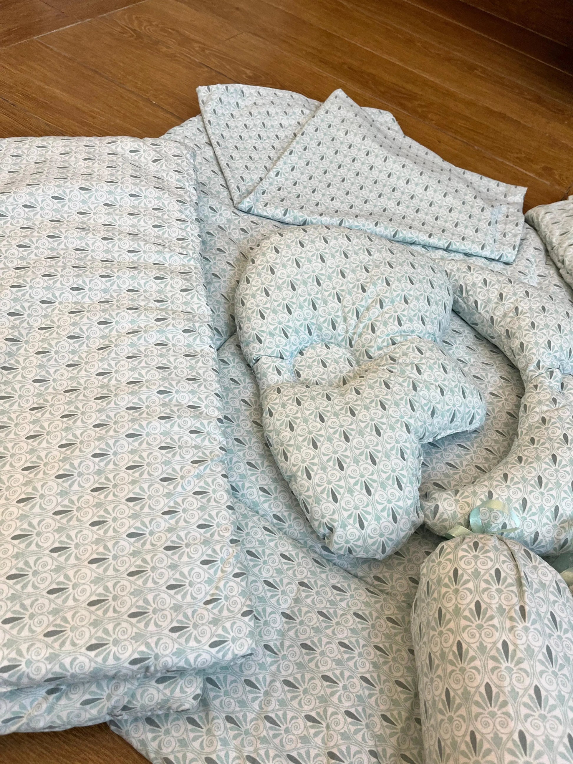 Baby Cot Bedding Set – 10-Piece Soft Cotton Set with Blue print (0–3 Years) Little Flower