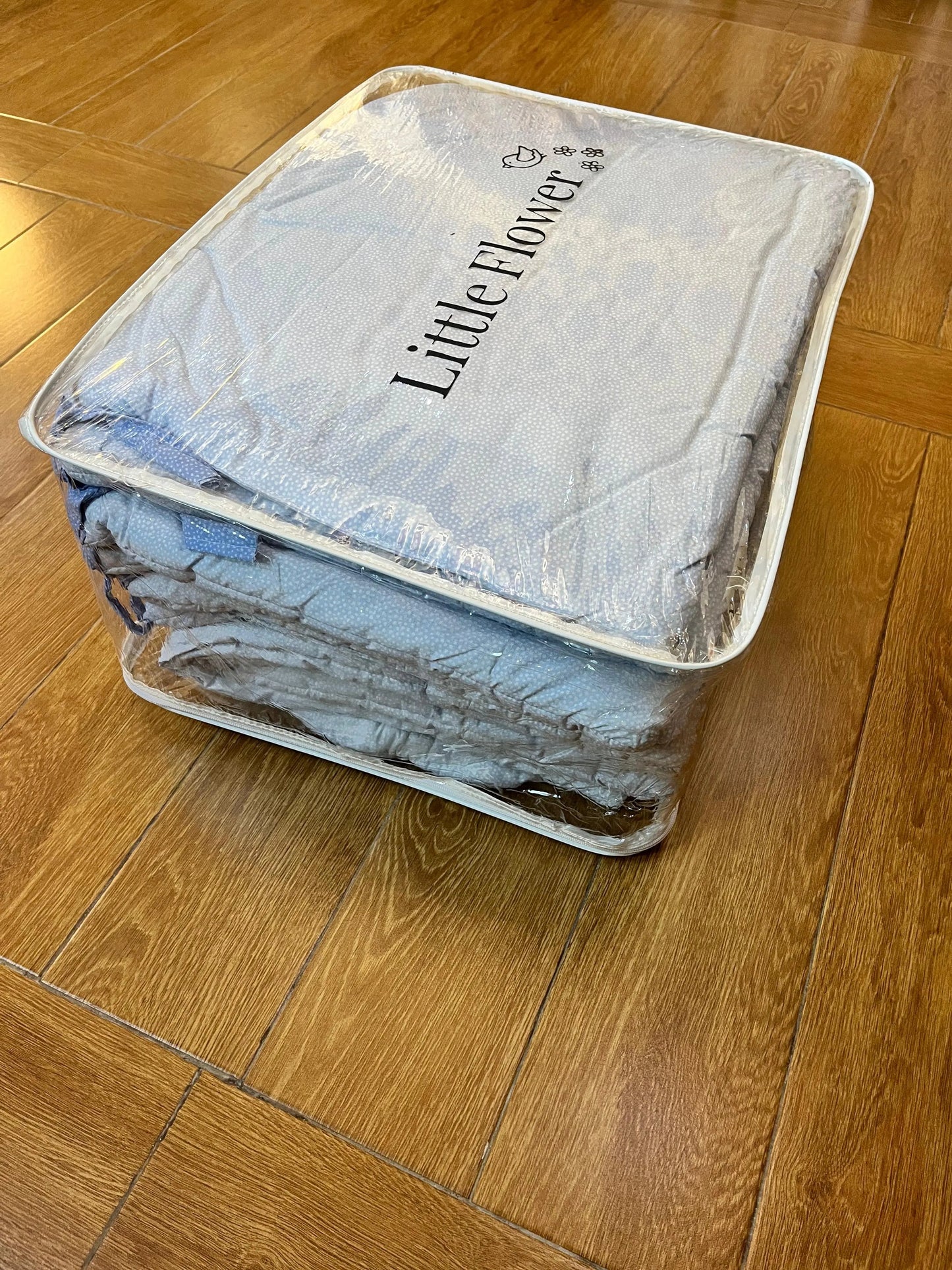 Baby Cot Bedding Set – 10PC Soft Cotton Bedding with White Dots on Blue | Newborn to 3 Years Little Flower