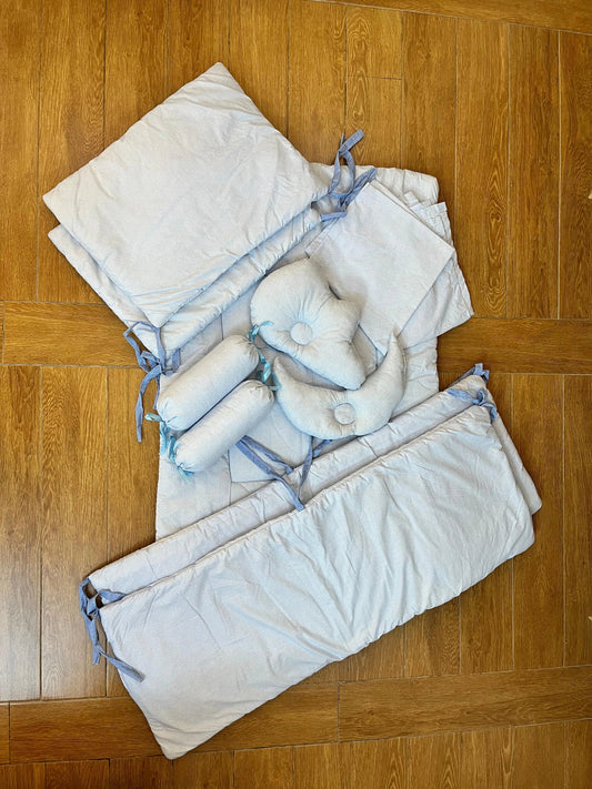 Baby Cot Bedding Set – 10PC Soft Cotton Bedding with White Dots on Blue | Newborn to 3 Years Little Flower