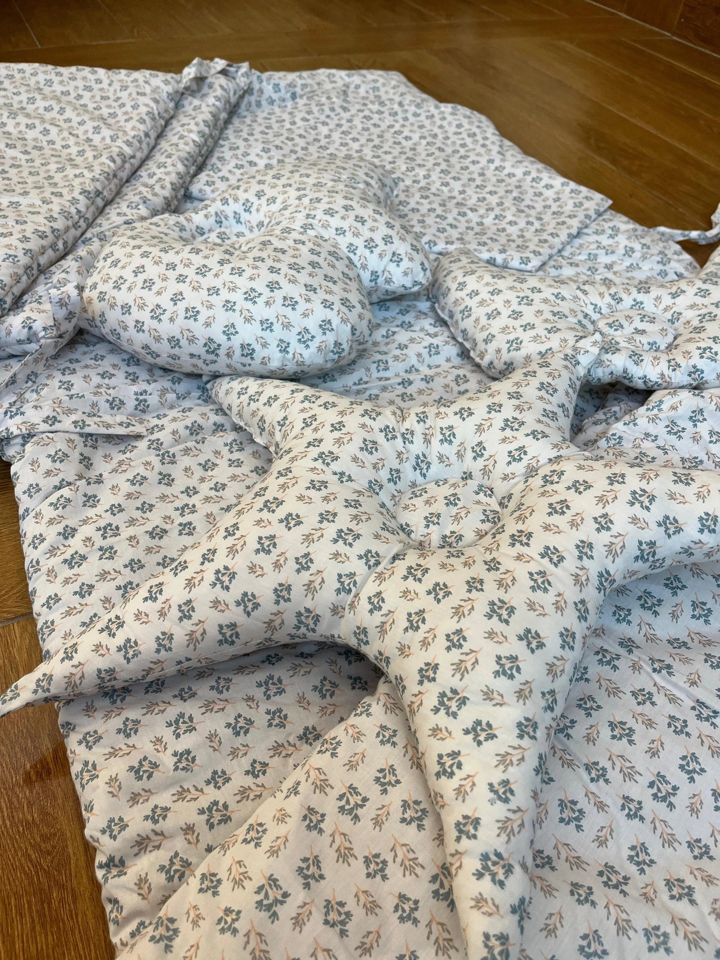 Baby Cot Bedding Set – 10-Piece Soft Cotton Set with Green Flower on White Cot set  (0–3 Years) Little Flower