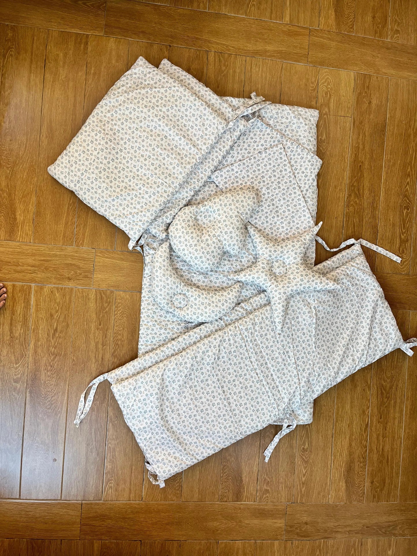 Baby Cot Bedding Set – 10-Piece Soft Cotton Set with Green Flower on White Cot set  (0–3 Years) Little Flower