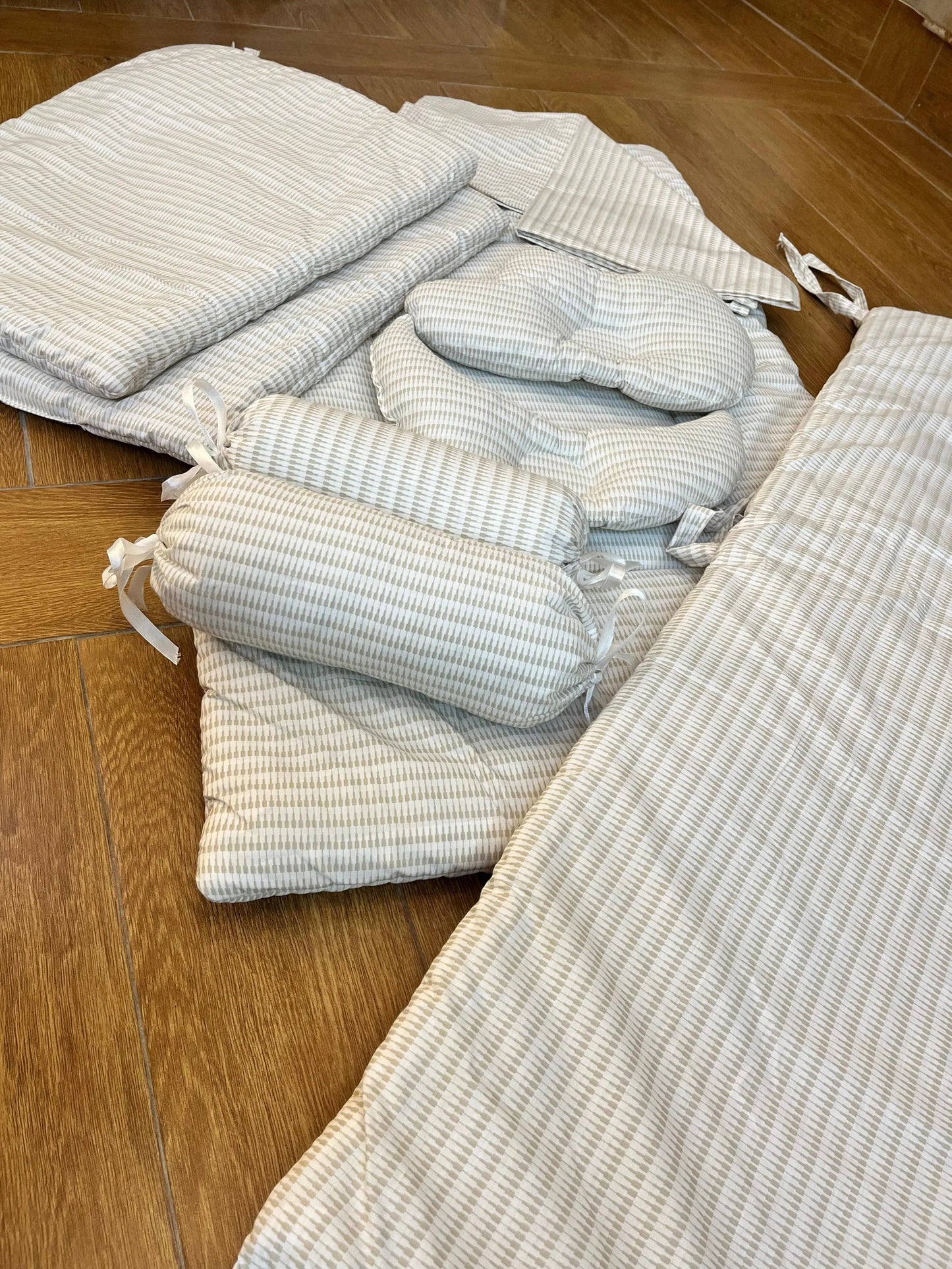 Baby Cot Bedding Set – 10-Piece Soft Cotton Set with Brown Line box on white  (0–3 Years) Little Flower