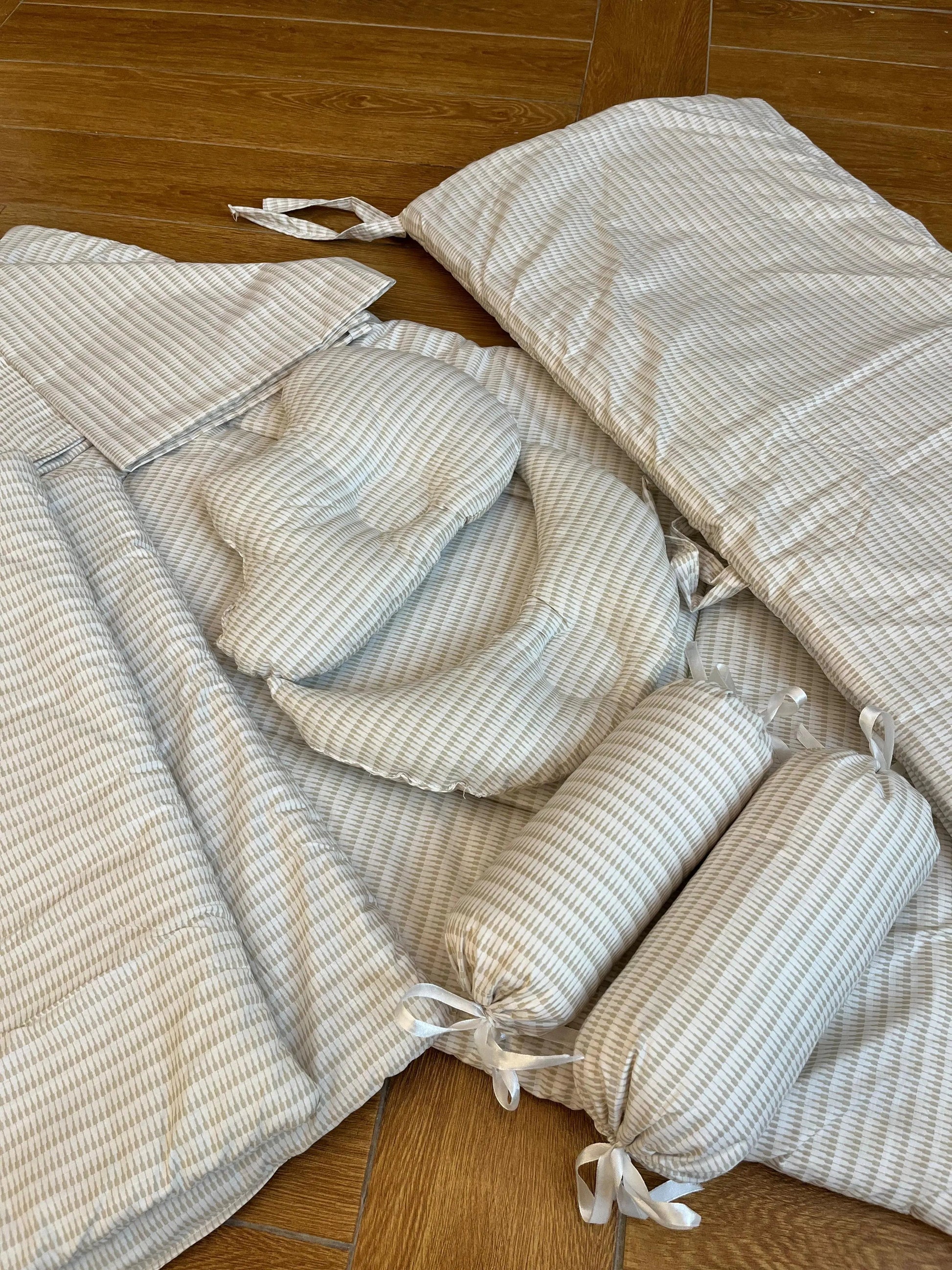 Baby Cot Bedding Set – 10-Piece Soft Cotton Set with Brown Line box on white  (0–3 Years) Little Flower