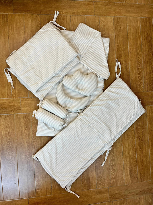 Baby Cot Bedding Set – 10-Piece Soft Cotton Set with Brown Line box on white  (0–3 Years) Little Flower