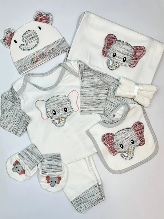 Baby clothing set with elephant designs on a white background