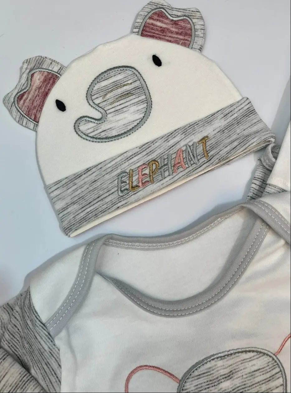 Baby clothing set with elephant designs on a white background