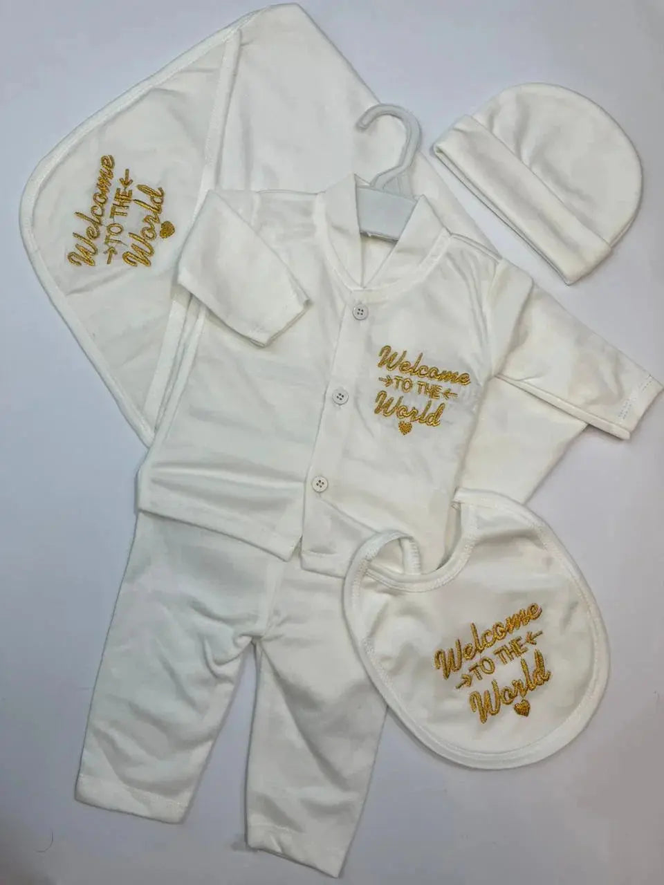 White newborn baby clothing set with gold 'Welcome to the World' embroidery, Little Flower