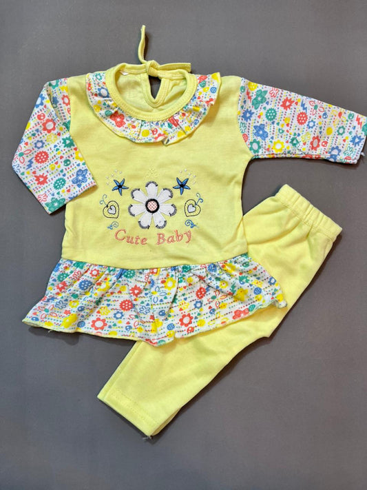 3-Piece Baby Frock Suit Set Pack of 3 – Soft Cotton, Embroidered “Cute Baby” Design (1-2 Year)