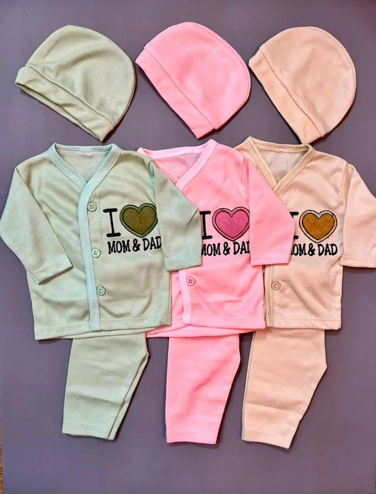 3-Piece Newborn Suit Set Pack of 3 – Soft Cotton with Cap |  Mom & Dad Embroidery