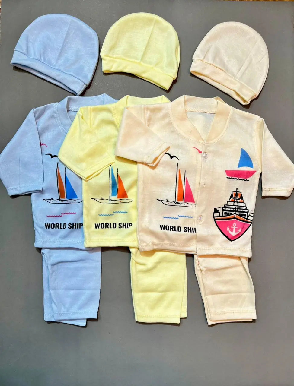 Newborn Suit Set Pack of 3 – Front Open Shirt, Pajama & Cap | Soft Cotton Outfit