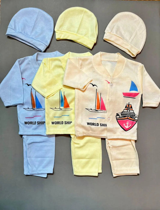 Newborn Suit Set Pack of 3 – Front Open Shirt, Pajama & Cap | Soft Cotton Outfit