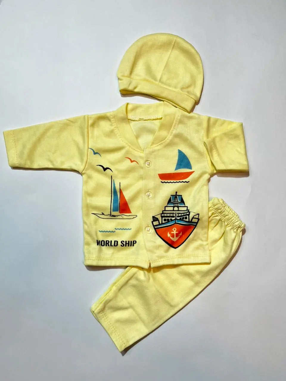 Newborn Suit Set Pack of 3 – Front Open Shirt, Pajama & Cap | Soft Cotton Outfit