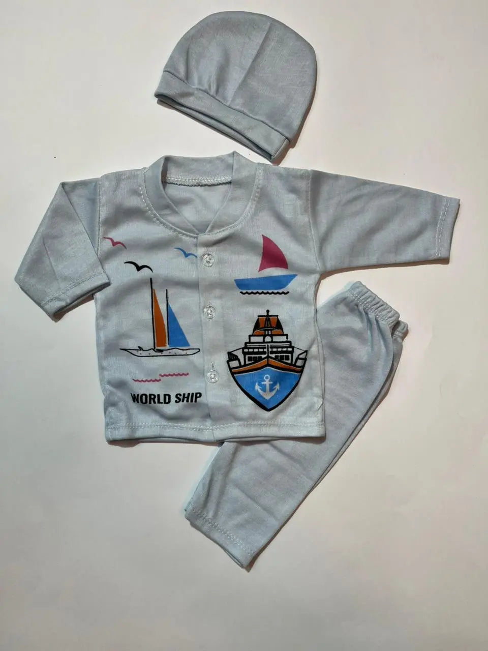 Newborn Suit Set Pack of 3 – Front Open Shirt, Pajama & Cap | Soft Cotton Outfit