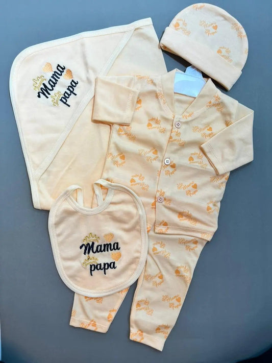 5-Piece Newborn Baby Gift Set – Soft Cotton with Cap, Bib & Hooded Towel (0–6 Months)