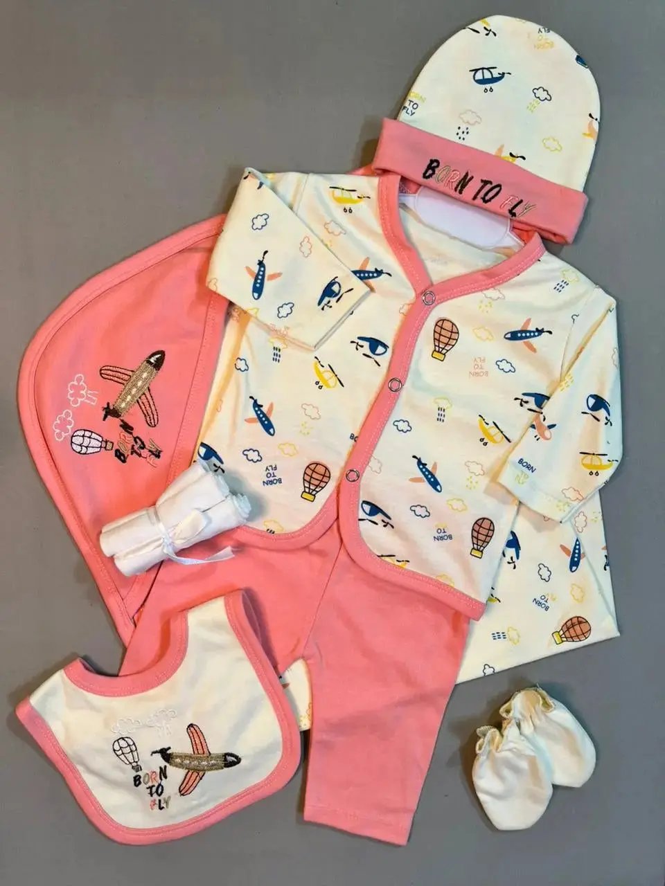 Born To Fly Baby Gift Set | 8-Piece Cotton Newborn Outfit & Essentials