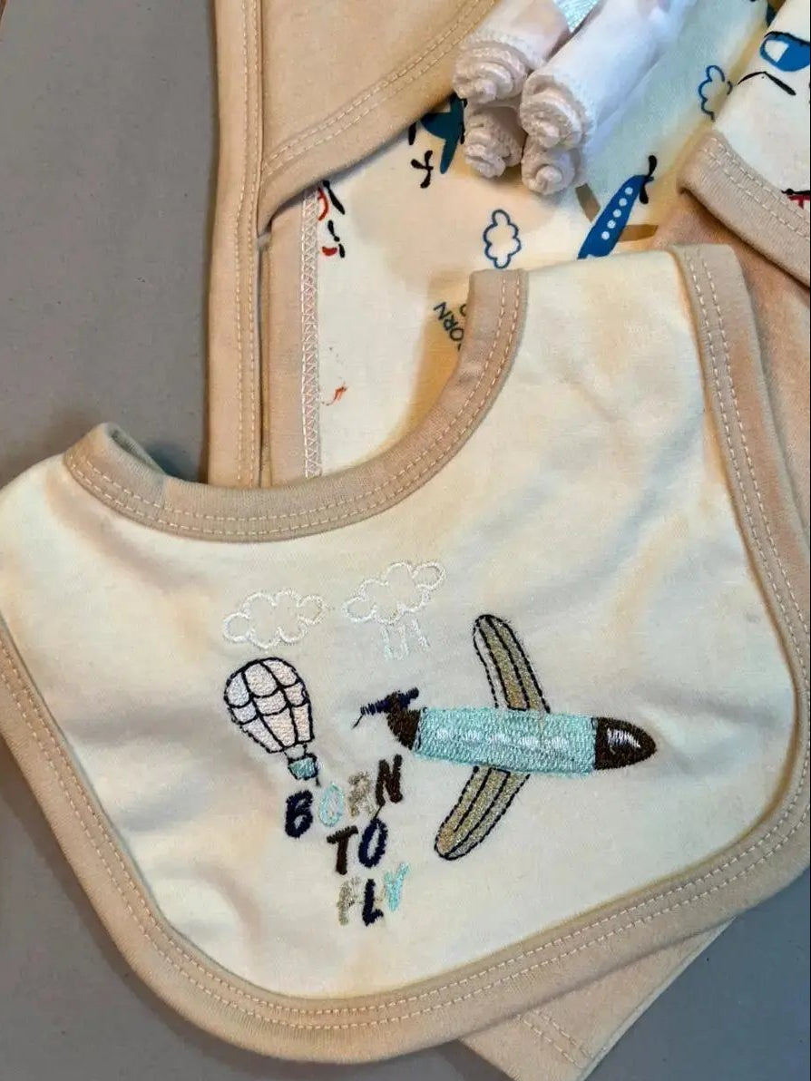 Born To Fly Baby Gift Set – Beige Airplane Print | 8-Piece Cotton Outfit for Newborn Boys