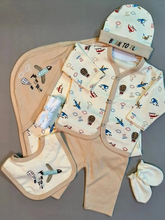 Born To Fly Baby Gift Set – Beige Airplane Print | 8-Piece Cotton Outfit for Newborn Boys