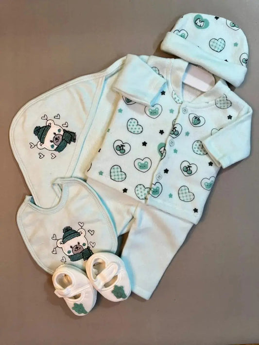 Newborn Baby Gift Set – Mint Green Bear Print | 7-Piece Cotton Outfit & Essentials