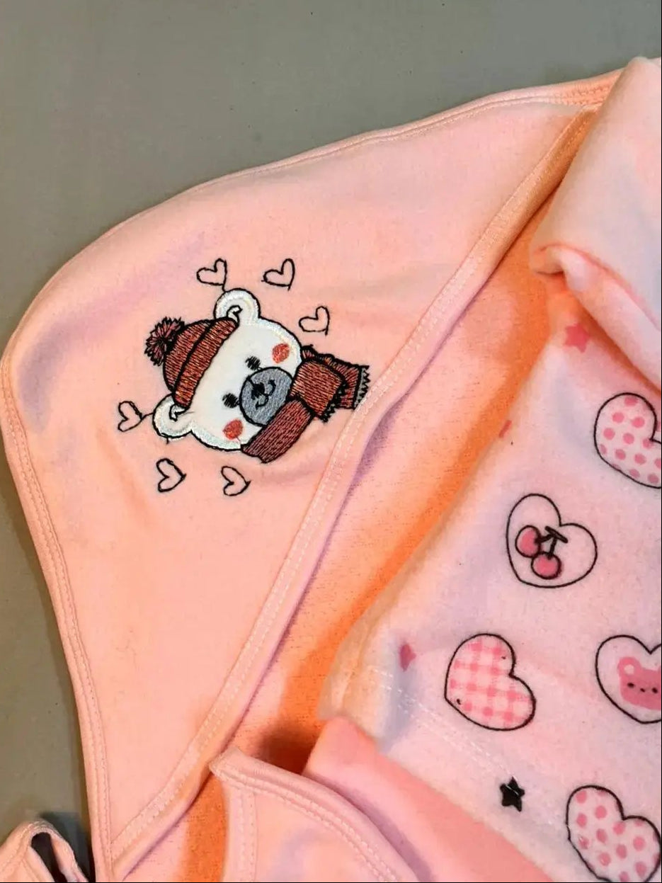 Newborn Baby Girl Gift Set – Pink Bear & Hearts | 7-Piece Cotton Essentials for Newborns