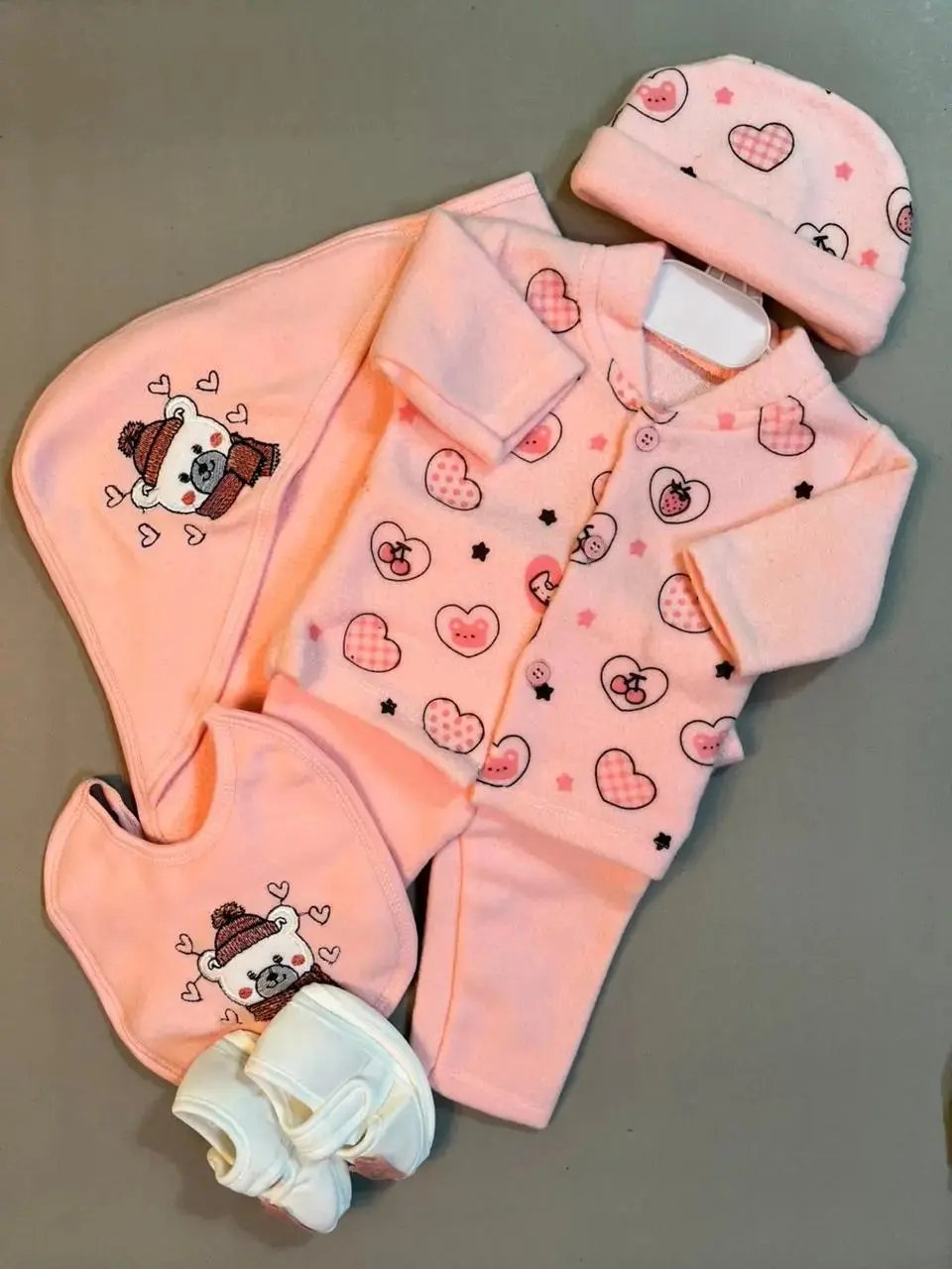 Newborn Baby Girl Gift Set – Pink Bear & Hearts | 7-Piece Cotton Essentials for Newborns