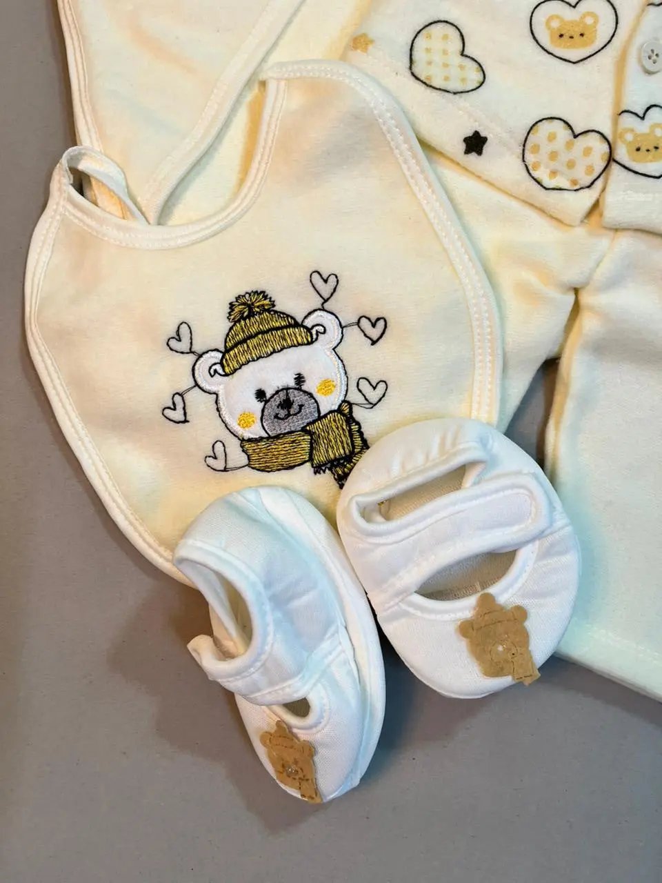Newborn Baby Gift Set – Yellow Bear Print | 7-Piece Cotton Essentials for Babies