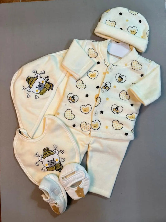 Newborn Baby Gift Set – Yellow Bear Print | 7-Piece Cotton Essentials for Babies