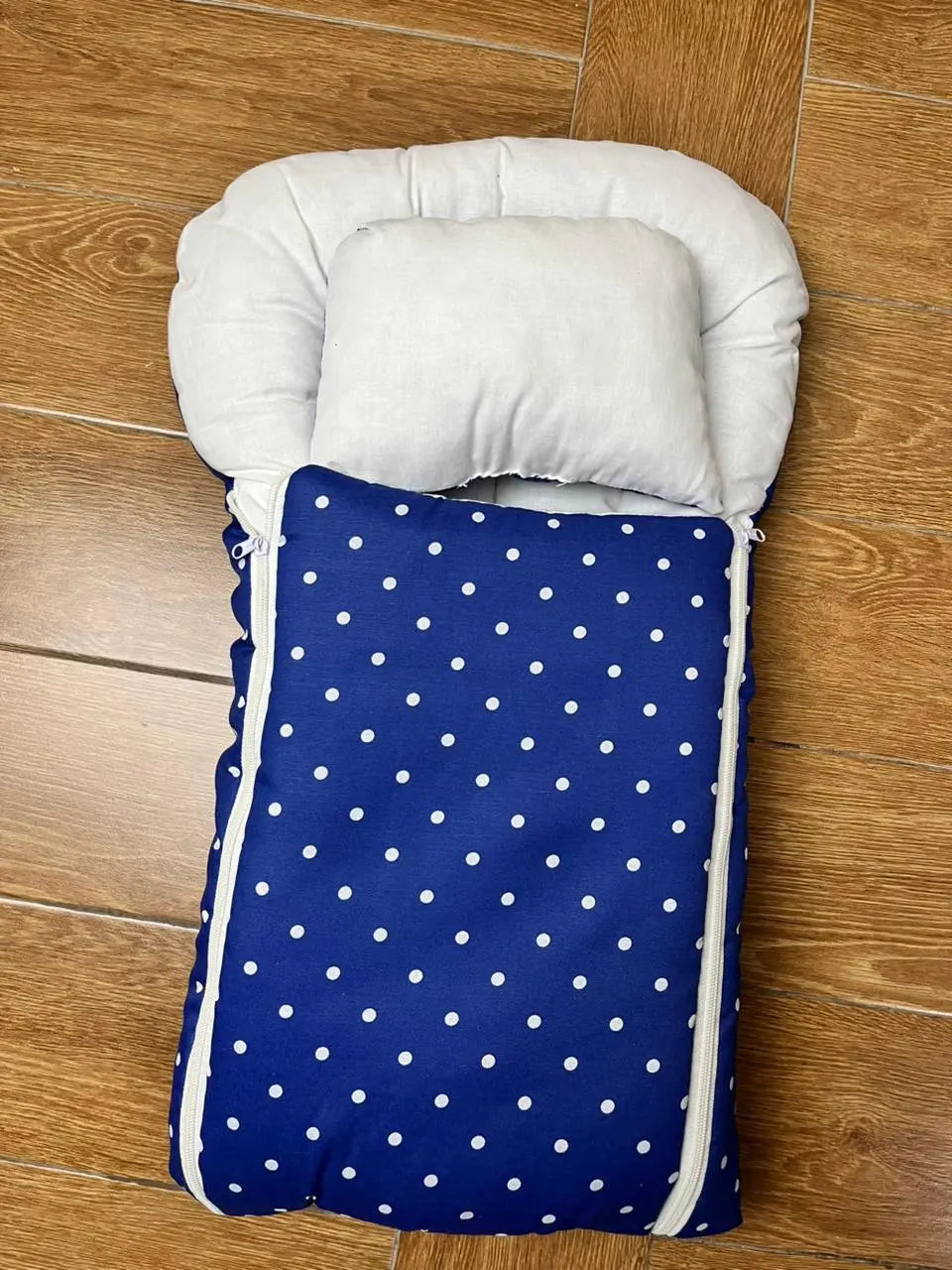 8Pc Baby Bedding Set on Soft Cotton Fabric with Dark Blue and white dots (0–2 Years)