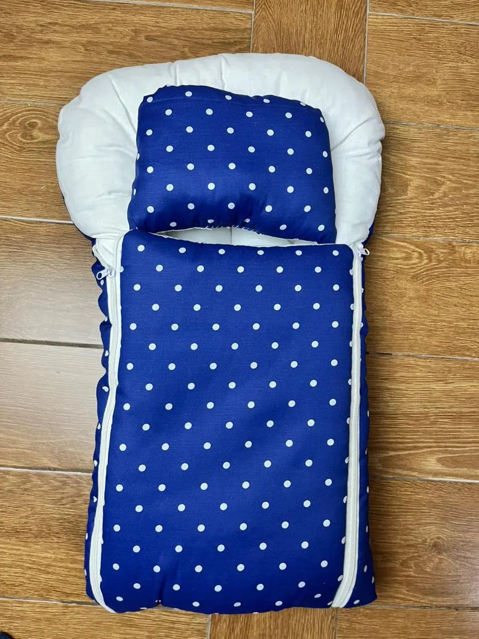 8Pc Baby Bedding Set on Soft Cotton Fabric with Dark Blue and white dots (0–2 Years)