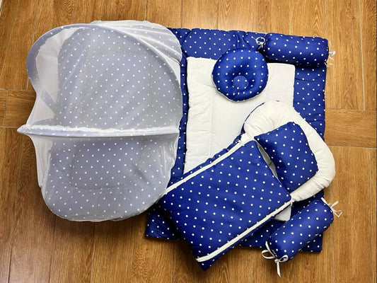 8Pc Baby Bedding Set on Soft Cotton Fabric with Dark Blue and white dots (0–2 Years)