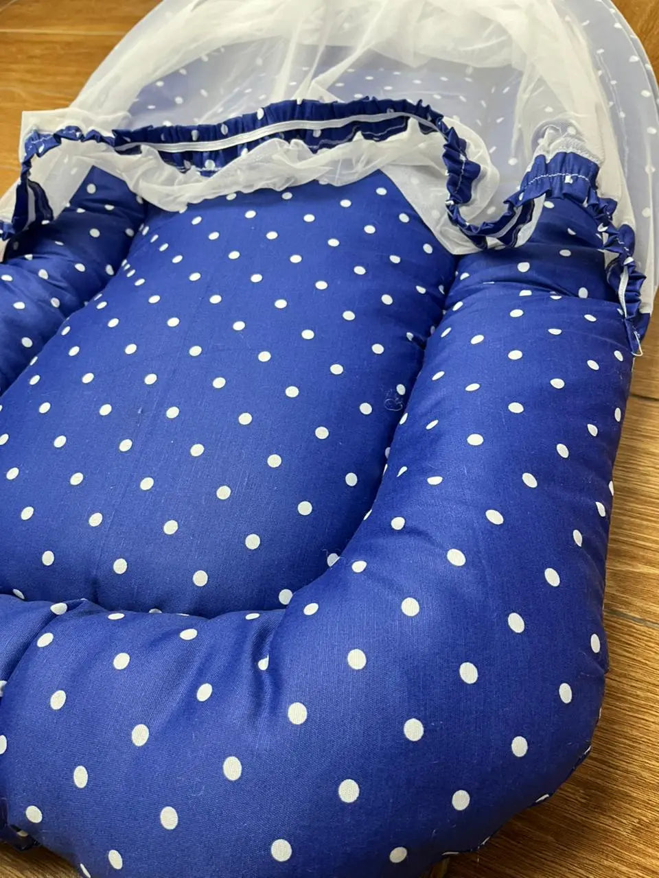 8Pc Baby Bedding Set on Soft Cotton Fabric with Dark Blue and white dots (0–2 Years)