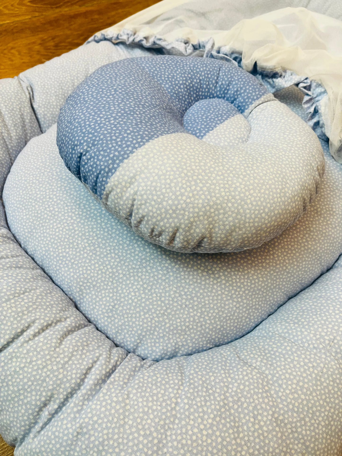 Baby Net Bed With Pillow | White dots on Sky blue