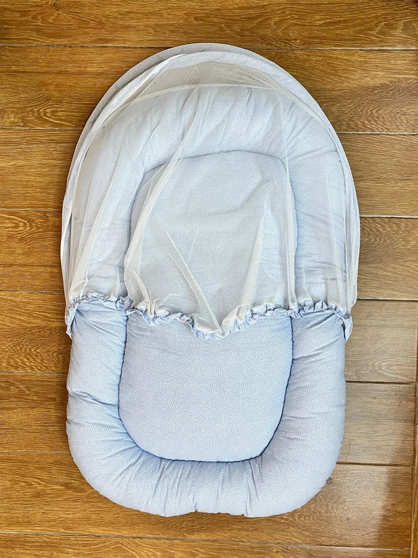 Baby Net Bed With Pillow | White dots on Sky blue
