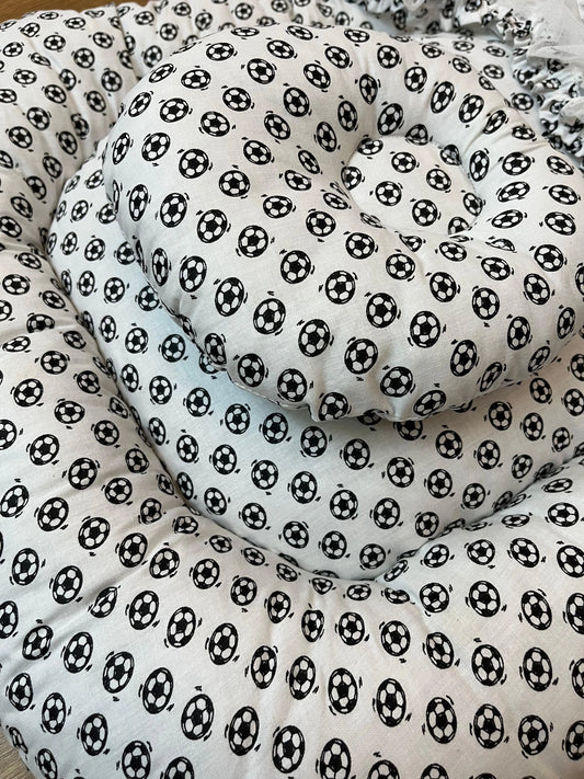 Baby Net Bed With Pillow| Black and white Football on White print