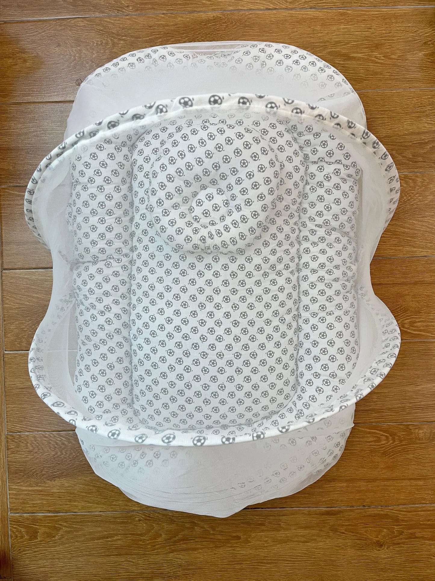 Baby Net Bed With Pillow| Black and white Football on White print