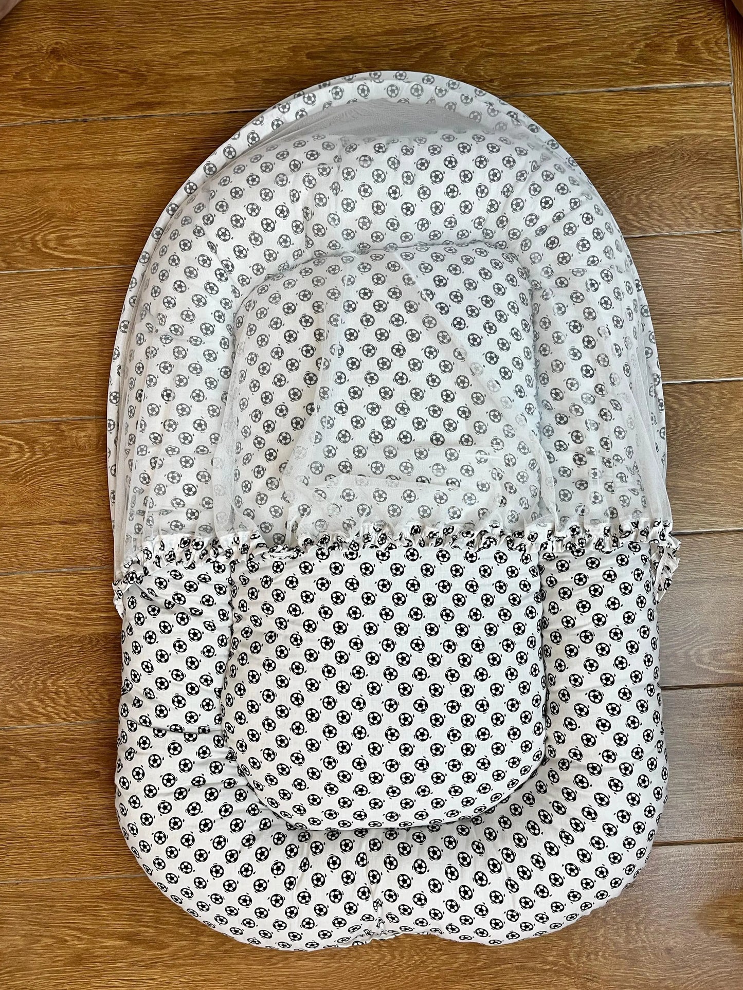 Baby Net Bed With Pillow| Black and white Football on White print
