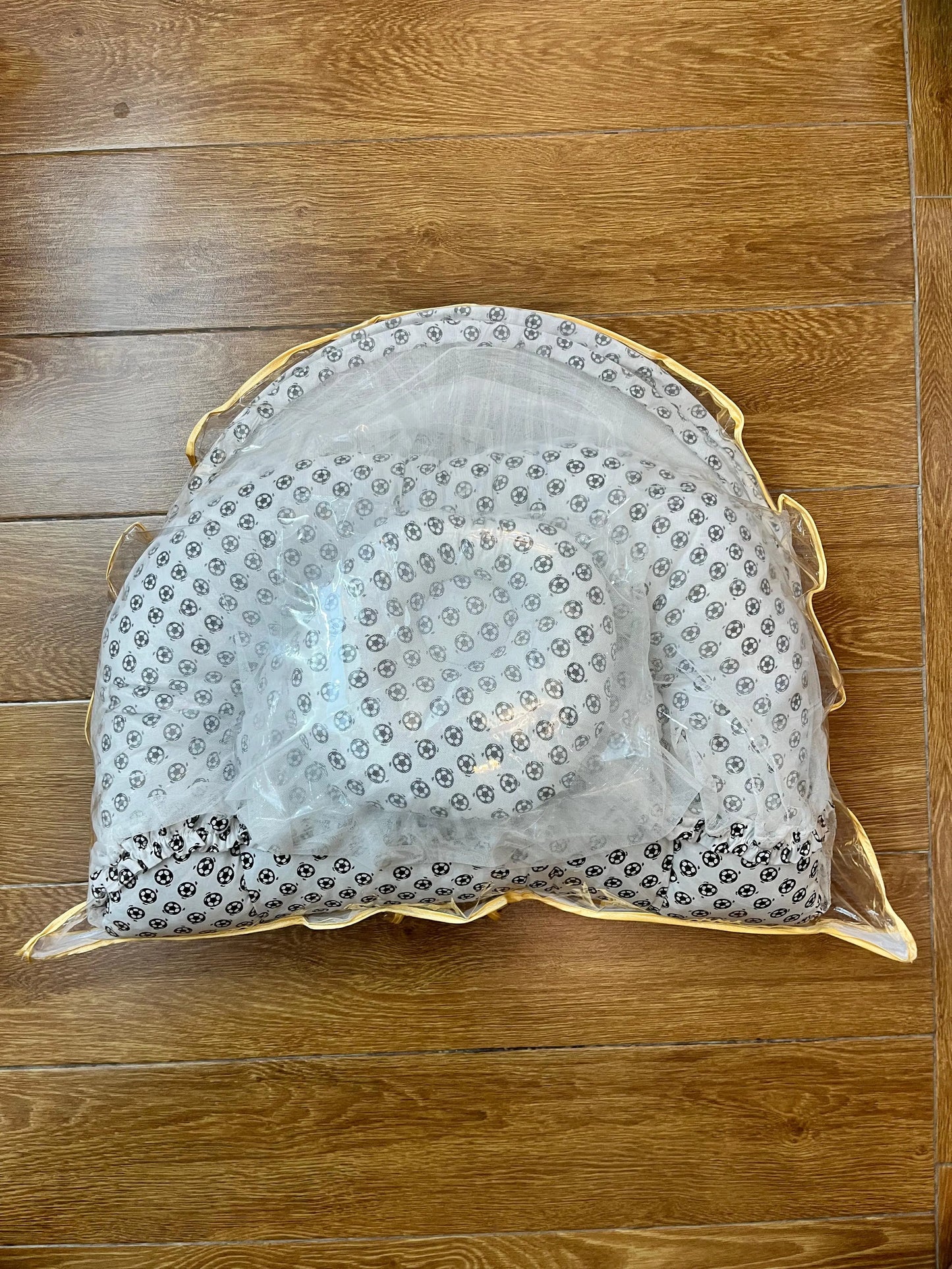 Baby Net Bed With Pillow| Black and white Football on White print