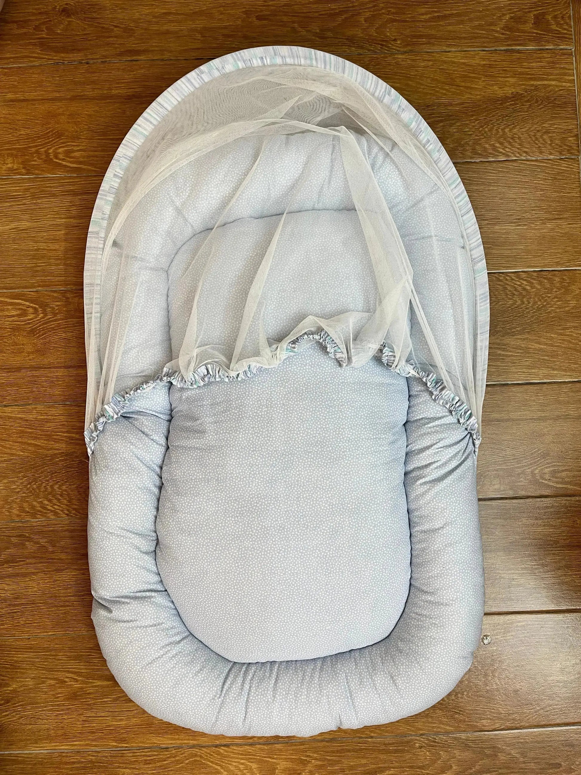 Baby Bed with Net with Pillow – (0–2 Year) | White dots and lines on Sky blue Little Flower