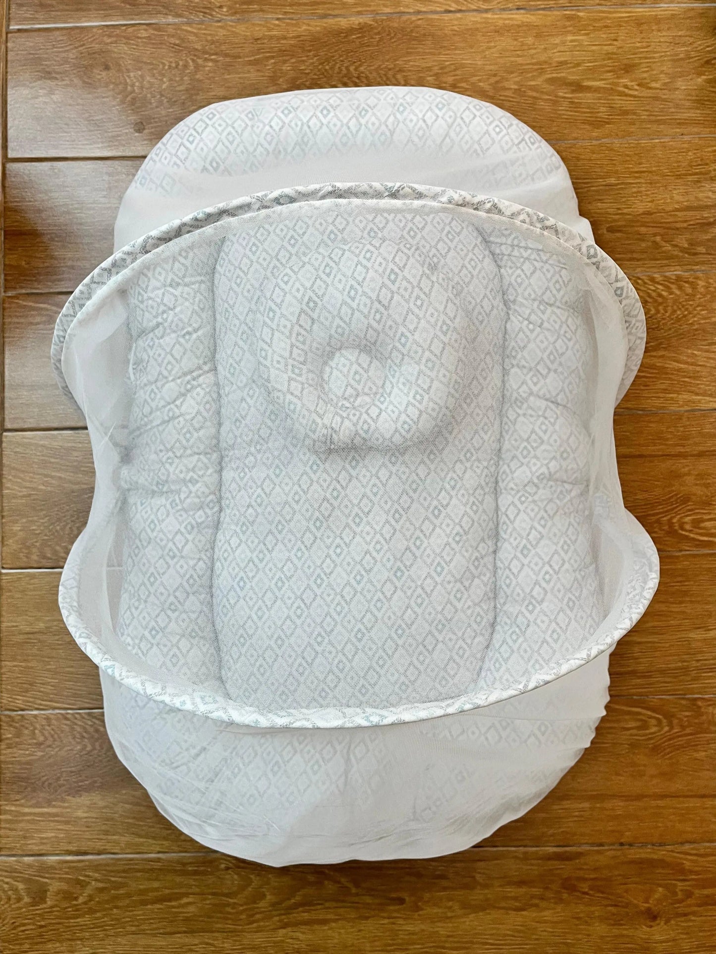 Baby Net Bed With Pillow | Green and Maroon small boxes on white