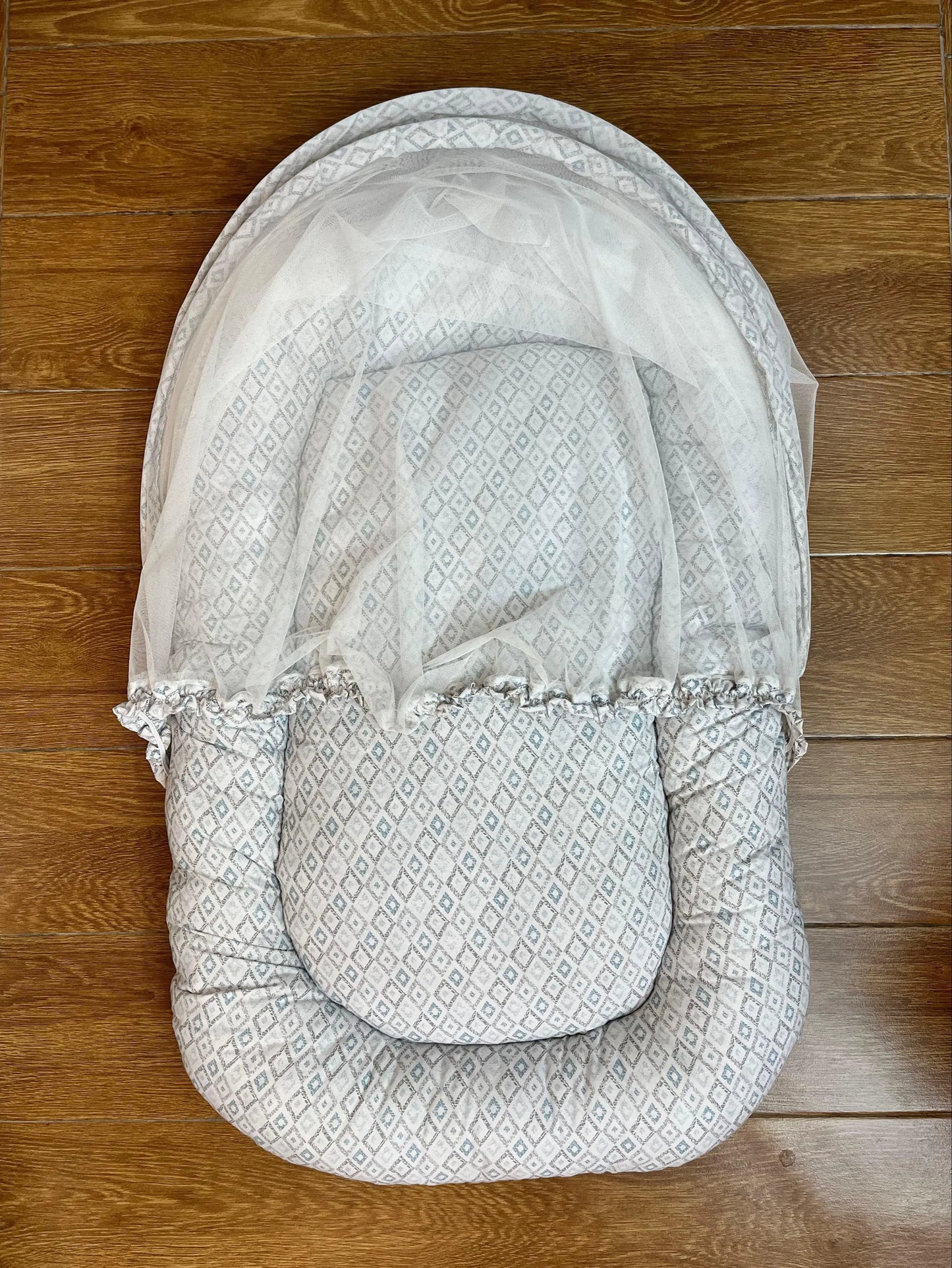 Baby Net Bed With Pillow | Green and Maroon small boxes on white