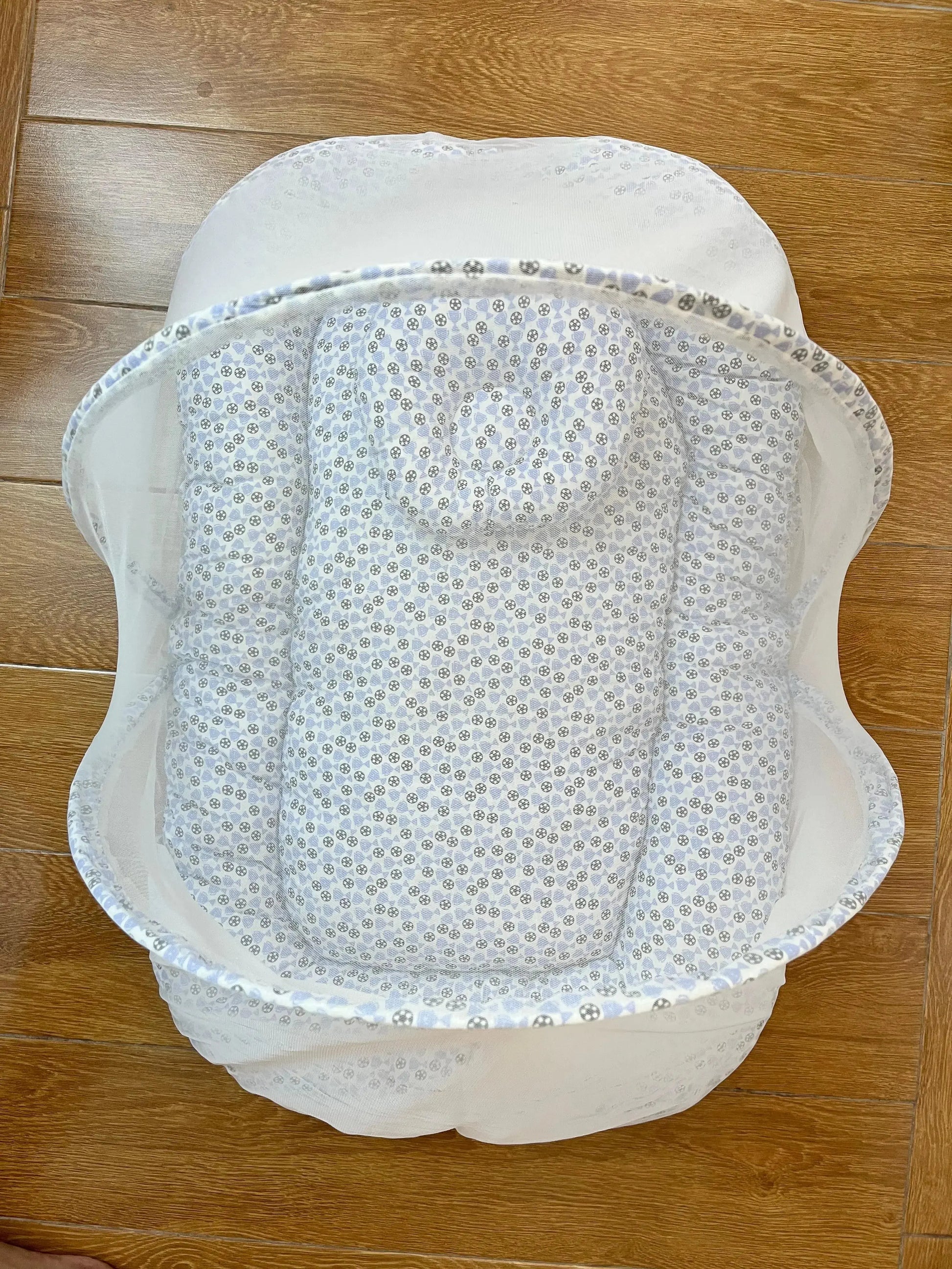 Baby Net Bed With Pillow| Black football with Blue trophy on white - Little Flower 