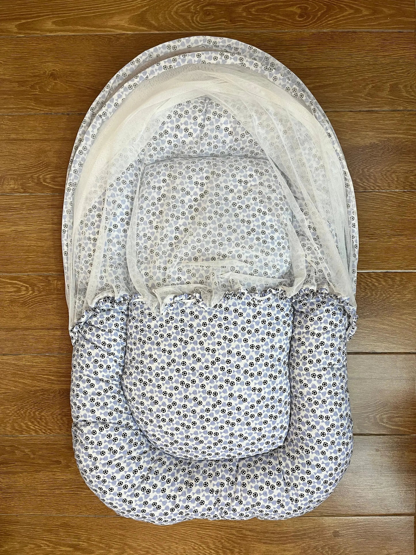 Baby Net Bed With Pillow| Black football with Blue trophy on white - Little Flower 