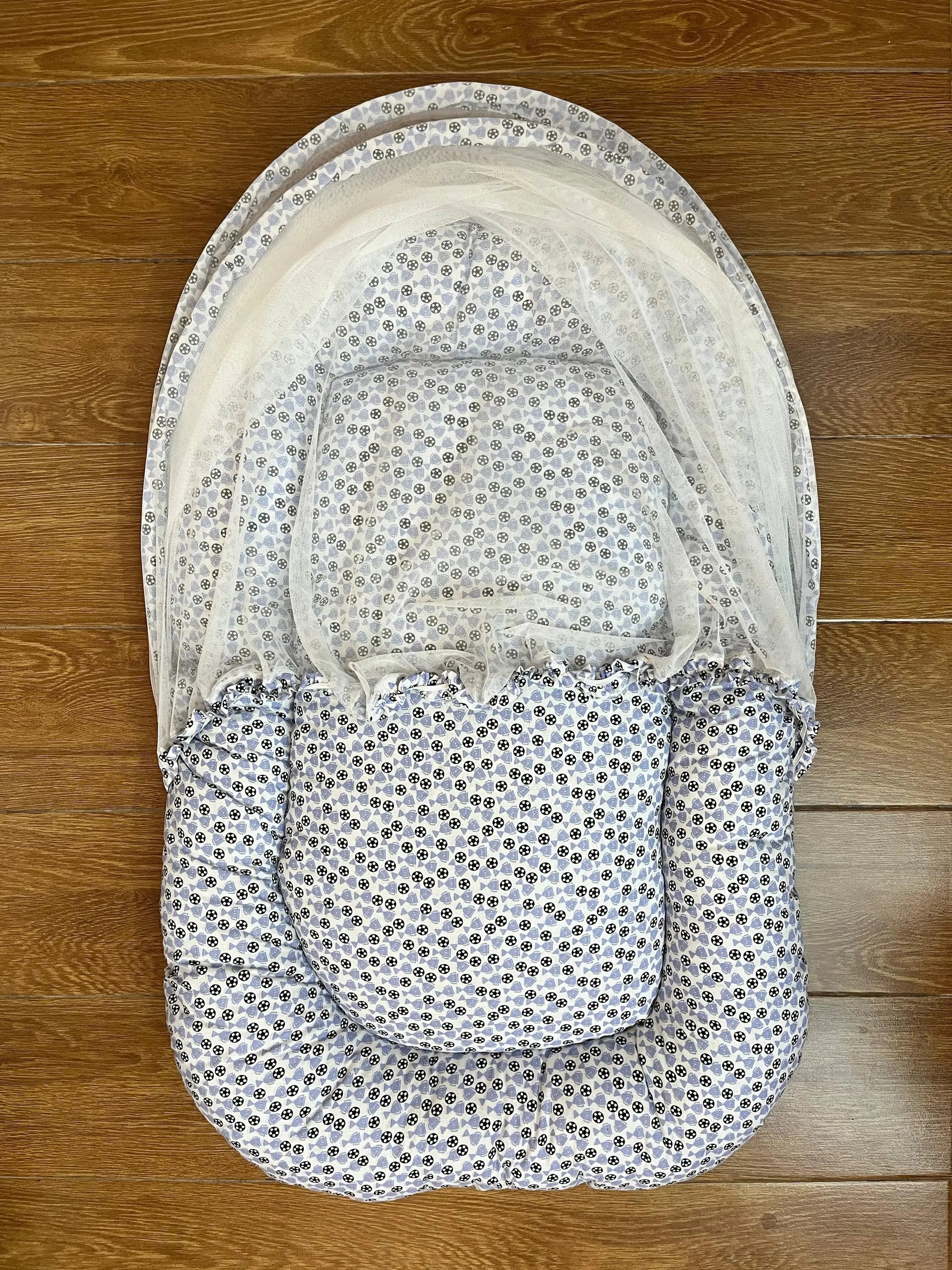 Baby Net Bed With Pillow| Black football with Blue trophy on white - Little Flower 