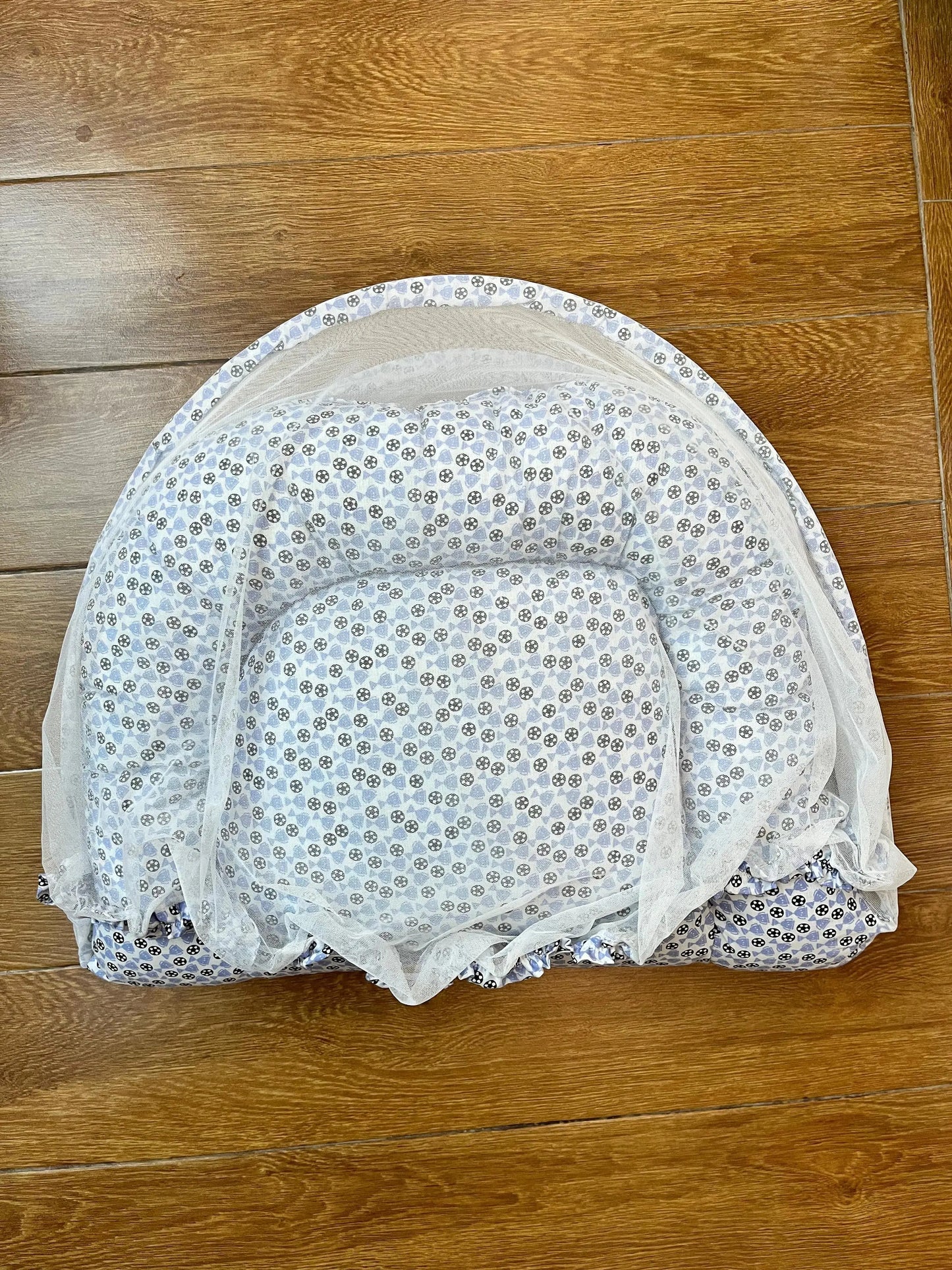 Baby Net Bed With Pillow| Black football with Blue trophy on white - Little Flower 