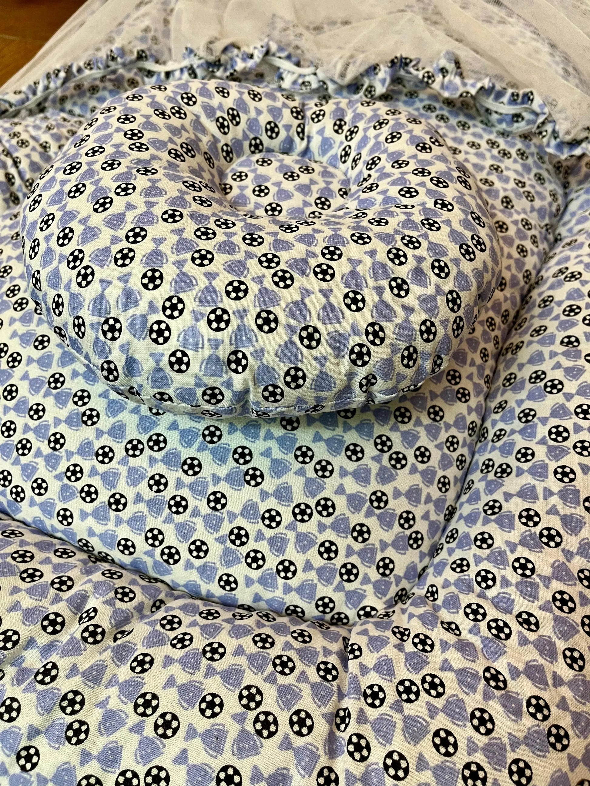 Baby Net Bed With Pillow| Black football with Blue trophy on white - Little Flower 
